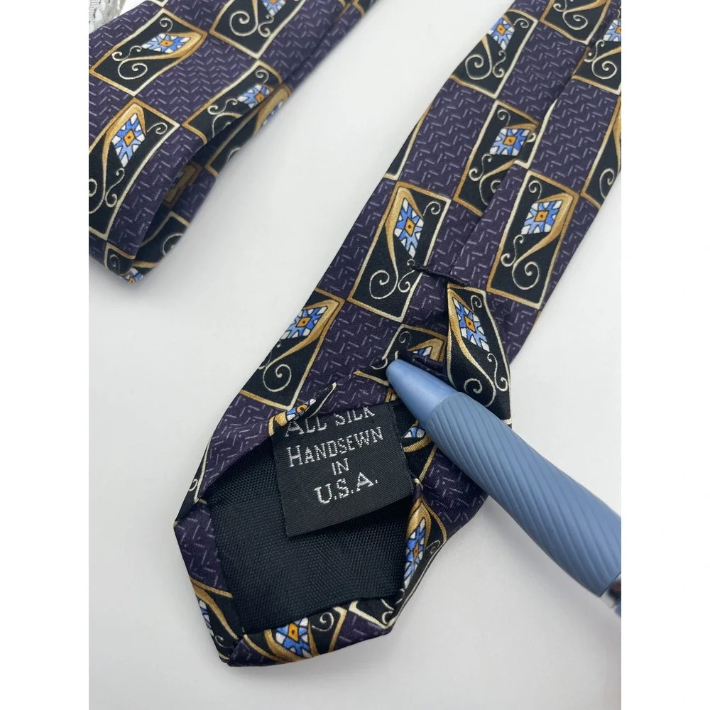 Jos A Bank Silk Tie Mens Purple Gold Geometric Art Deco Handsewn Made in USA
